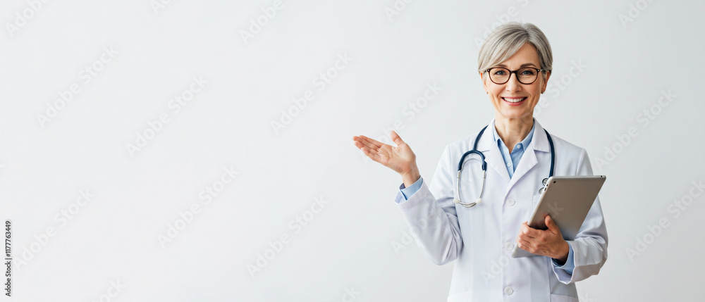 Smiling Senior Female Doctor in White Coat Holding Tablet and Gesturing on a White Background Smiling Senior Female Doctor in White Coat Holding Tablet and Gesturing on a White Background