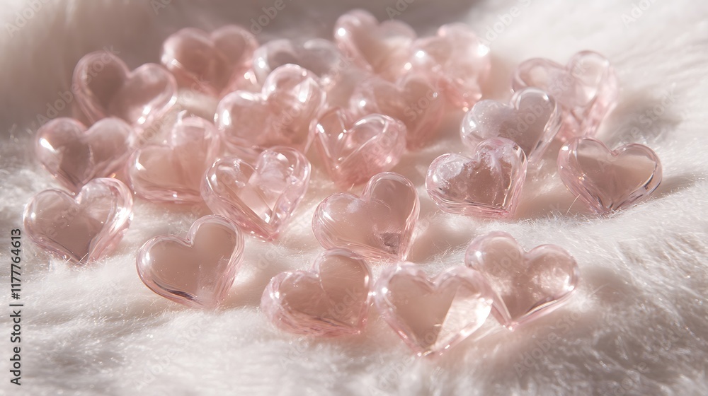Fototapeta premium Many hearts in pastel pink representing love scattered on a soft surface