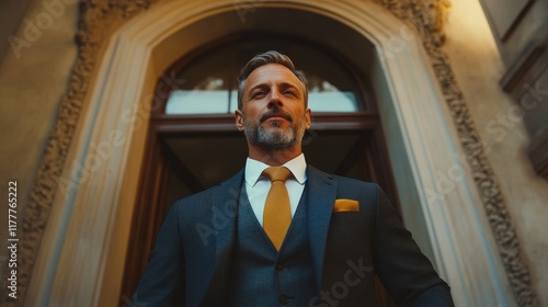 Mature Man in Stylish Suit Stands Before Grand Entrance photo