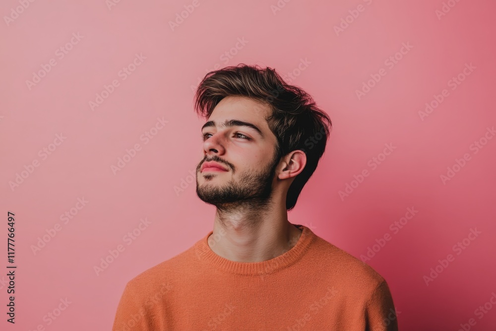 Obraz premium Young Man in Casual Sweater Posing Against a Pink Background