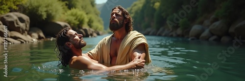 Jesus Baptized by John in the River - A Serene Biblical Scene Depicting a Sacred Moment in History.