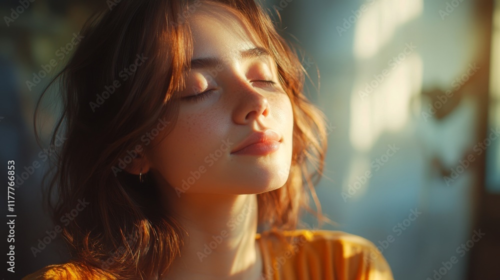Obraz premium Young Woman with Red Hair Basking in Sunlight