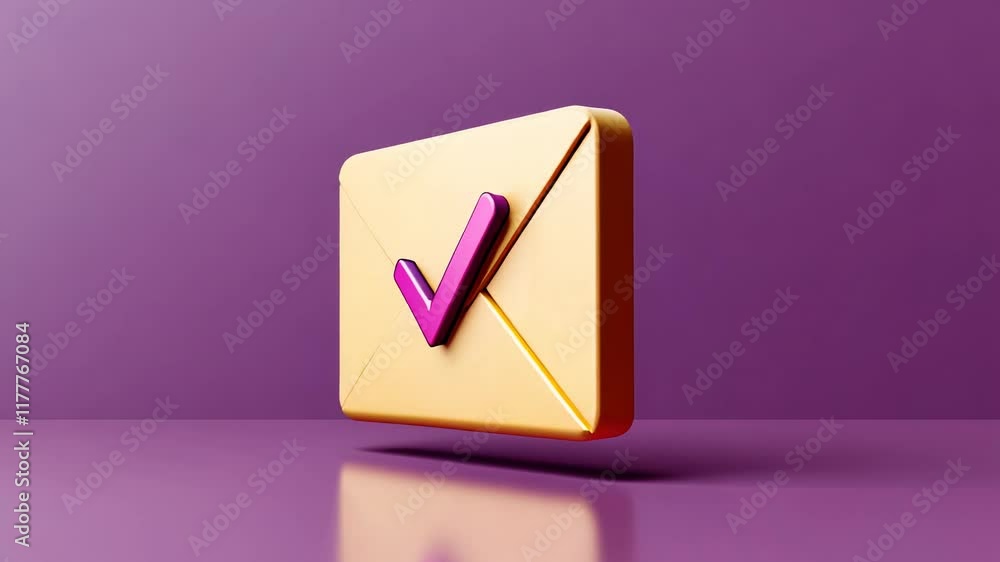 Golden Envelope Rotating with Pink Check Mark on Purple Background Golden Envelope Rotating with Pink Check Mark on Purple Background