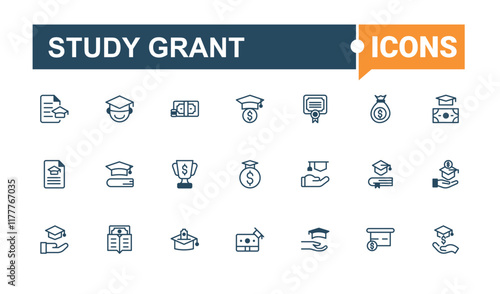 Set of Study Grant line icons. Icons academic, education, class, degree, Scholarship and more. Collection for mobile and web apps. Outline and solid pictogram.