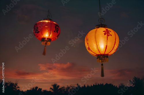 Two chinese paper lantern in a paceful night photo