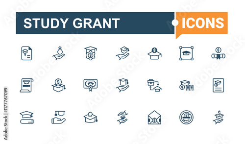 Set of Study Grant line icons. Icons academic, education, class, degree, Scholarship and more. Collection for mobile and web apps. Outline and solid pictogram.