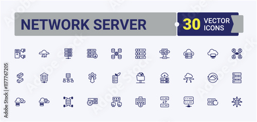 Network Server linear icon collection. Containing server, interface, security, computer, database, information, network and more. Icons for UI. Solid line editable stroke.