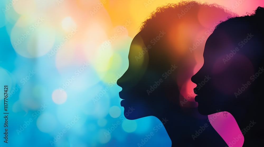 a couple of people that are standing in front of a colorful background a couple of people that are standing in front of a colorful background
