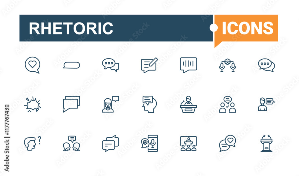 Rhetoric icons set. Contains such icons as platform, discussion, triangle, ballot, leader, election, elocution and more. Web icons. Vector illustration in modern line style. Rhetoric icons set. Contains such icons as platform, discussion, triangle, ballot, leader, election, elocution and more. Web icons. Vector illustration in modern line style.