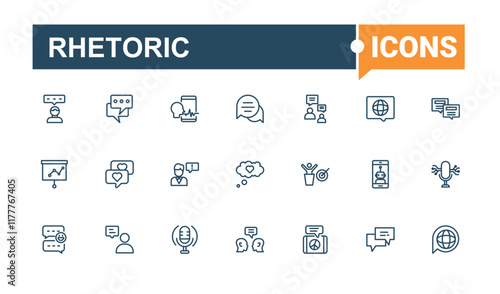 Rhetoric icons set. Contains such icons as platform, discussion, triangle, ballot, leader, election, elocution and more. Web icons. Vector illustration in modern line style.