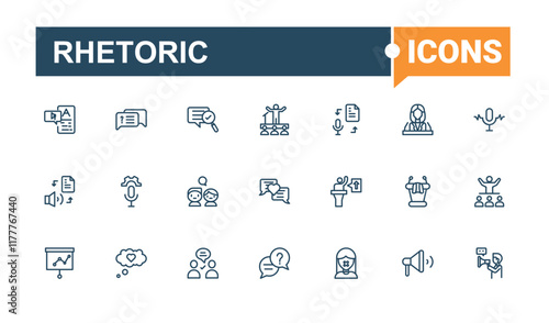 Rhetoric icons set. Contains such icons as platform, discussion, triangle, ballot, leader, election, elocution and more. Web icons. Vector illustration in modern line style.