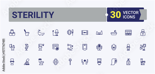 Sterility icon collection. It contains symbols to basin, sanitary, tub, hand, house, ss, bin and more. Simple icon designs. Outline and solid pictogram.