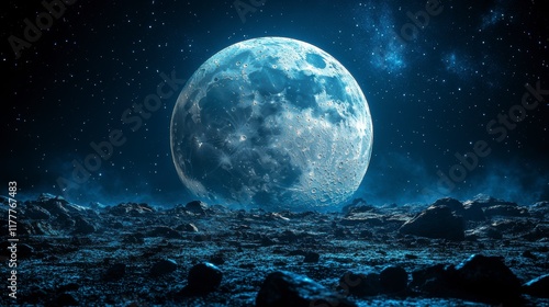 A large blue moon dominates a dark, rocky lunar landscape under a starry night sky. photo