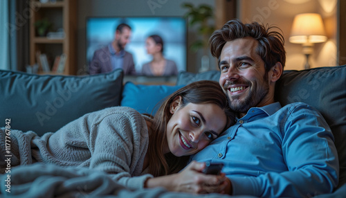 Wallpaper Mural Happy couple cuddling on couch watching TV in cozy living room
 Torontodigital.ca