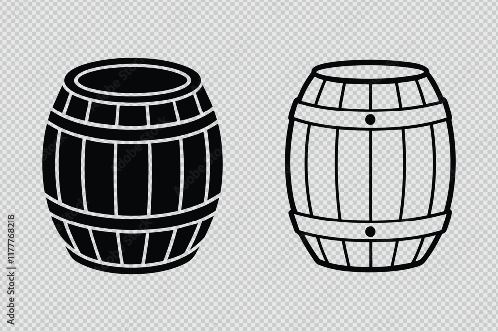 Wooden Barrel Silhouette and Line Art Vector for Rustic Designs Wooden Barrel Silhouette and Line Art Vector for Rustic Designs