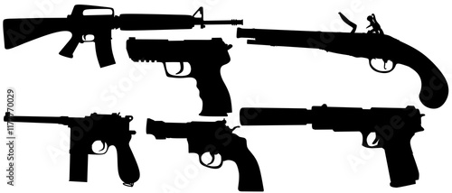 Weapons silhouette set. Collection of various realistic firearms. Isolated assult rifles, sniper rifles, shotguns, handguns, machine guns, historical guns and other. Vector illustration.