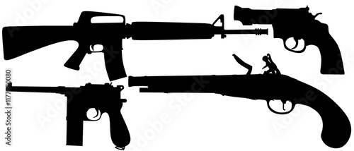 Weapons silhouette set. Collection of various realistic firearms. Isolated assult rifles, sniper rifles, shotguns, handguns, machine guns, historical guns and other. Vector illustration.