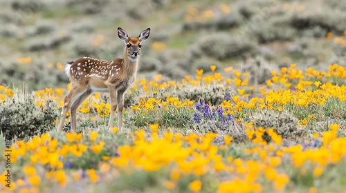 A fawn stands amidst vibrant wildflowers in a natural landscape. photo