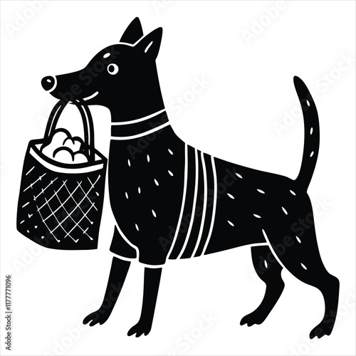 A dog is returning from the market with a bag