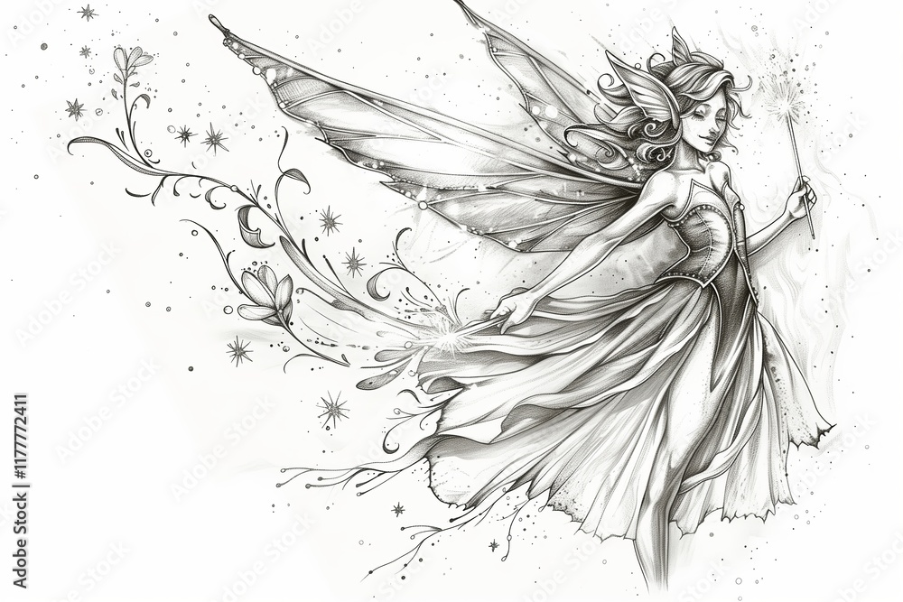 A whimsical illustration of a fairy with detailed wings and flowing dress, surrounded by magical sparkles. A whimsical illustration of a fairy with detailed wings and flowing dress, surrounded by magical sparkles.