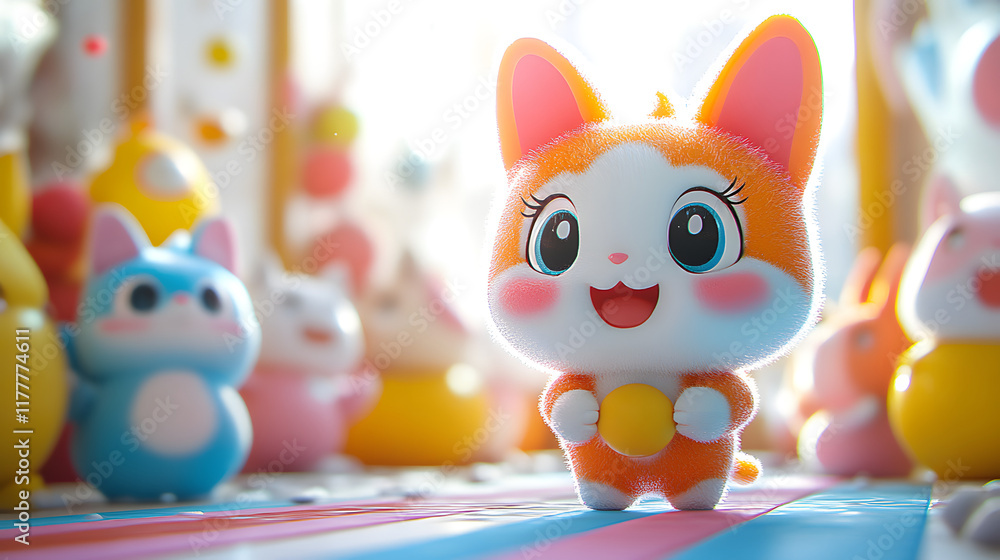 Vibrant and Cheerful Kawaii Animals Engaged in Fun Activities with a Cute Diagonal Striped Background Vibrant and Cheerful Kawaii Animals Engaged in Fun Activities with a Cute Diagonal Striped Background