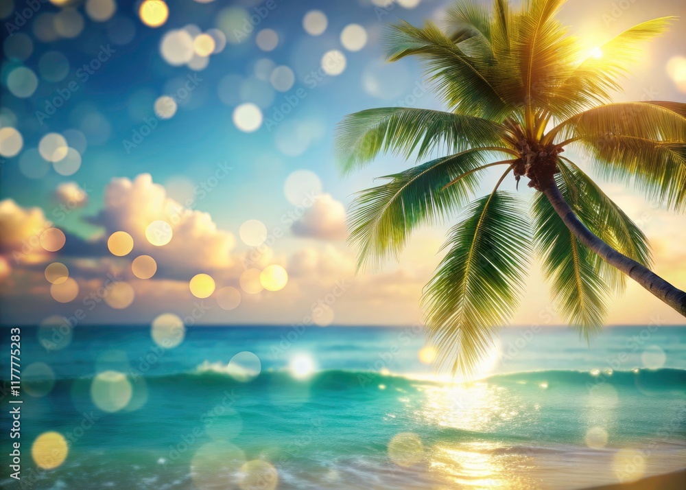 Fototapeta premium Bokeh beach, lush palm silhouette, summer's warm embrace. Abstract tropical scene.
