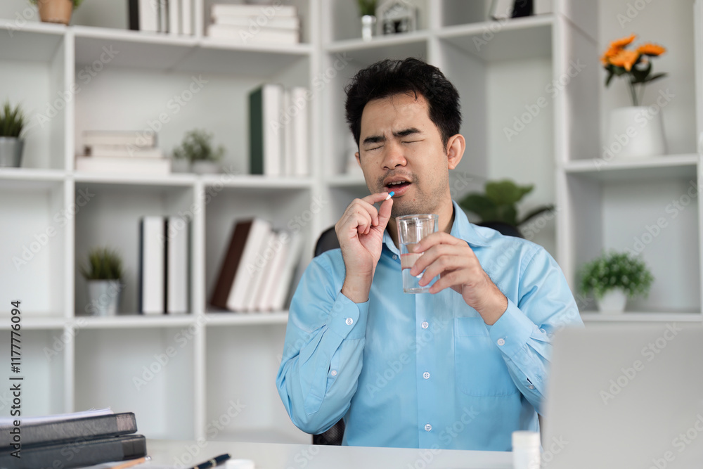 Unwell individual takes medicine for recovery at home indoor office environment focus on health and wellness Unwell individual takes medicine for recovery at home indoor office environment focus on health and wellness