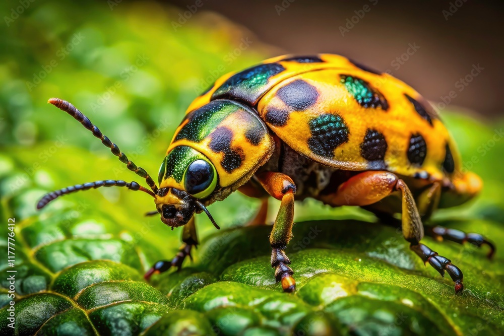 Close-up wildlife photography reveals a yellow and black beetle, its vibrant colors sharply defined, bokeh blurring the natural setting. Close-up wildlife photography reveals a yellow and black beetle, its vibrant colors sharply defined, bokeh blurring the natural setting.