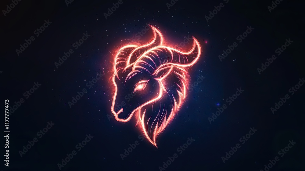 Fototapeta premium Aries Fire Spirit. First Zodiac. A fiery ram symbol with glowing flames, set against a cosmic background.