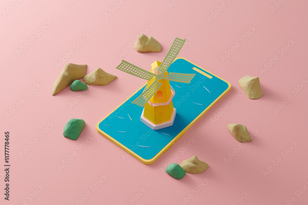 Digital Windmill on Smartphone with Abstract Rocks Digital Windmill on Smartphone with Abstract Rocks