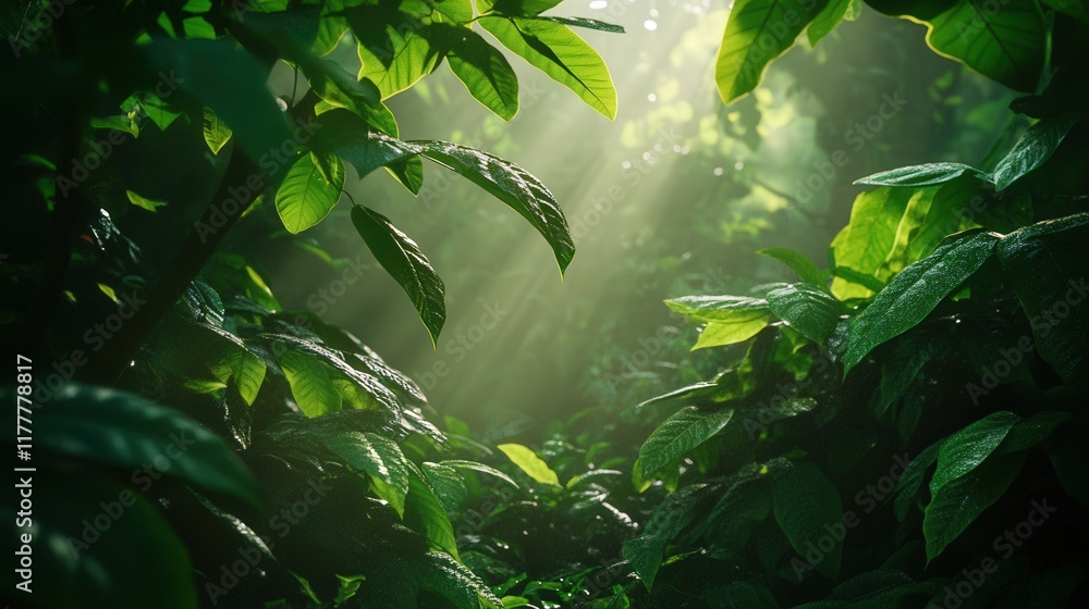 Φωτογραφία Sunlight filters through lush vegetation in a tranquil forest, capturing nature's serene beauty