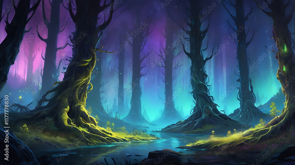 Obraz premium Bioluminescent Forest Under Aurora Borealis