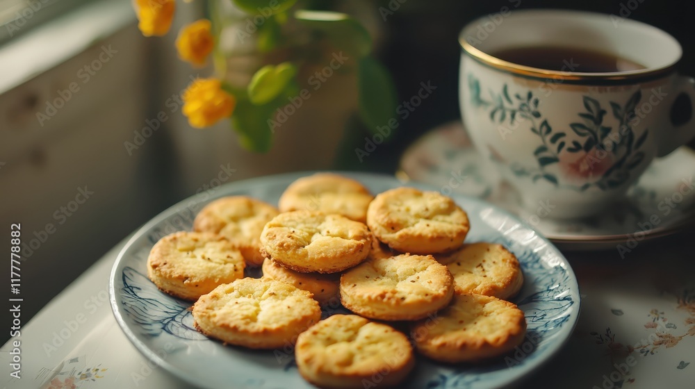 Golden Crunchy Biscuits on a Decorative Plate Beside a Teacup with Soft Natural Light and Beautiful Ambiance Golden Crunchy Biscuits on a Decorative Plate Beside a Teacup with Soft Natural Light and Beautiful Ambiance