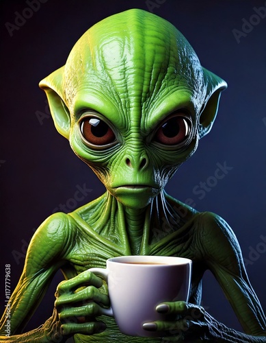 Obraz na płótnie angry green alien drinking a cup of coffee w salonie
