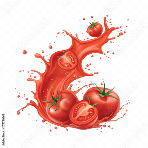 abstract 3d Splashes of tomato ketchup or red liquid tomato juice isolated on white background