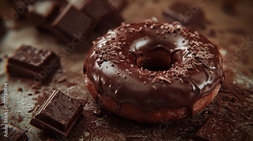 Indulgent Chocolate Donut with Rich Glaze and Shaved Chocolate for Dessert Lovers and Sweet Treat Enthusiasts photo