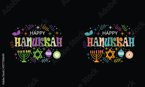 Colorful Happy Hanukkah Design with Menorah and Star of David
