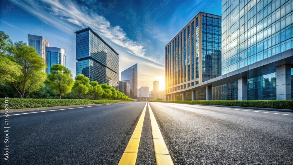 Fototapeta premium Modern city skyline, rule of thirds composition, features an empty asphalt road and impressive building facades along the urban street.