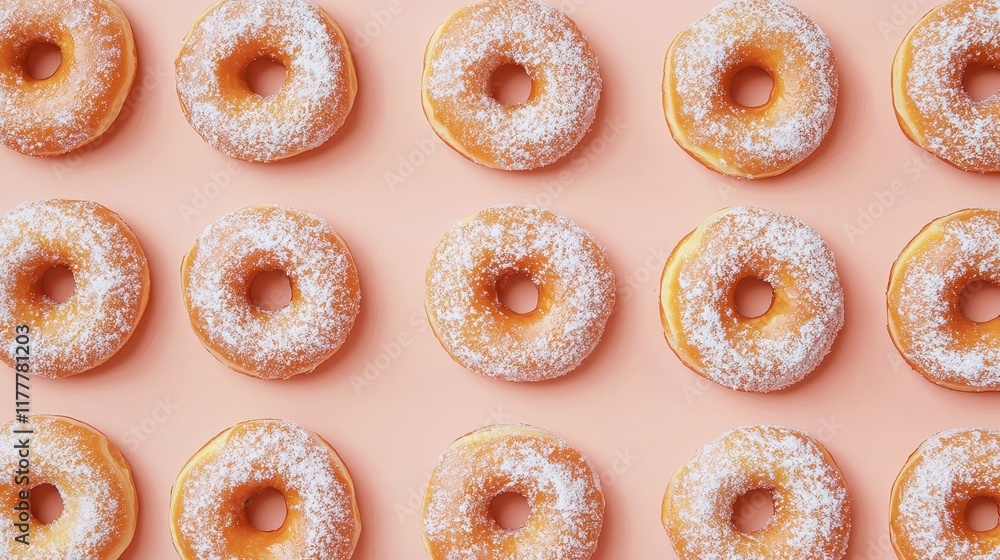 Classic Soft Donut Topped with Powdered Sugar on a Soft Peach Background Classic Soft Donut Topped with Powdered Sugar on a Soft Peach Background