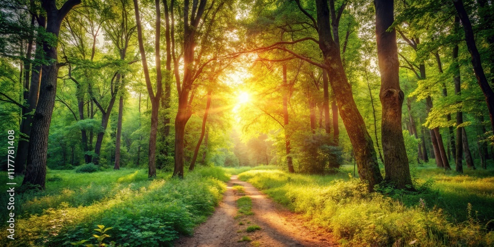 Obraz premium Retro summer woods photography: sunlit path, vibrant foliage, nostalgic charm.