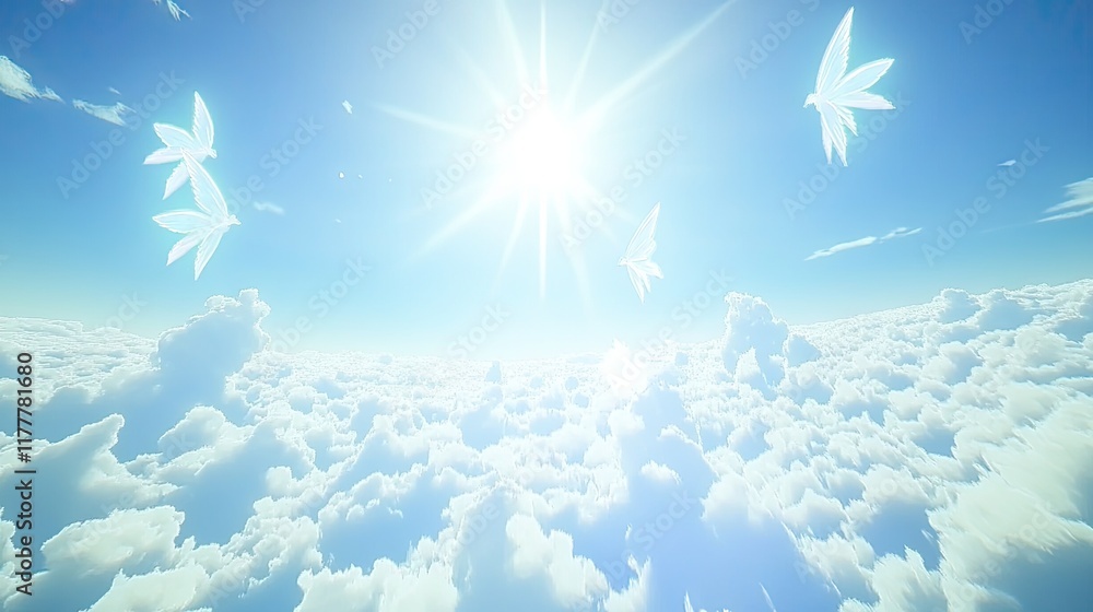 Fototapeta premium Above the clouds, bright sun, peaceful sky, flying leaves.