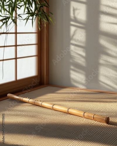 Zen atmosphere with bamboo flute resting on tatami mat in a serene japanese room with soft natural light photo