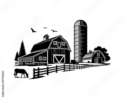 Farm should feature elements like barn, silo, and farm animals in simple outline. Clipart image isolated on white background 