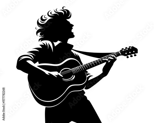  Guitarist silhouette , holding an electric guitar in an expressive, solo-playing stance. Clipart image isolated on white background 