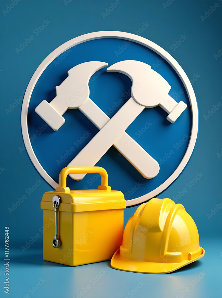 A yellow hard hat and toolbox sit in front of a bold, blue logo with a wrench and hammer, symbolizing professional repair services. new image A yellow hard hat and toolbox sit in front of a bold, blue logo with a wrench and hammer, symbolizing professional repair services. new image