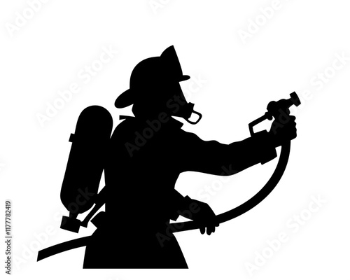  Firefighter silhouette , actively engaged in firefighting, such as holding hose or rescuing someone. Clipart image isolated on white background 