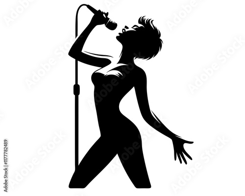  Singer silhouette , with microphone raised to their mouth. Clipart image isolated on white background 