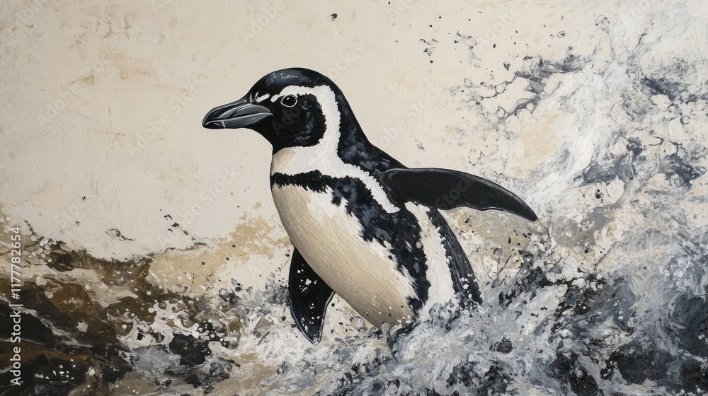 Naklejka premium Magnificent Humboldt Penguin Emerging from the Ocean Waves