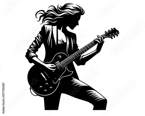  Guitar player silhouette , playing an electric or acoustic guitar. Clipart image isolated on white background 