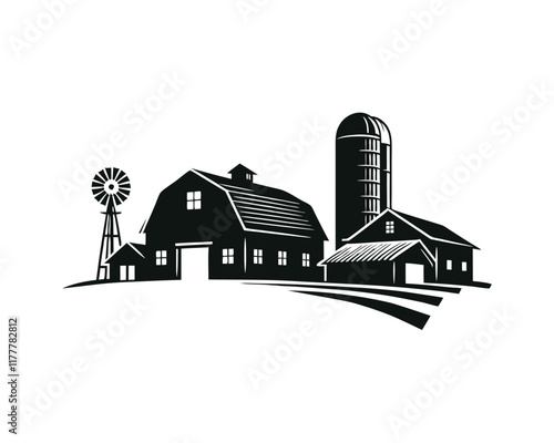 Farm with barn, silo, and crops. Clipart image isolated on white background 